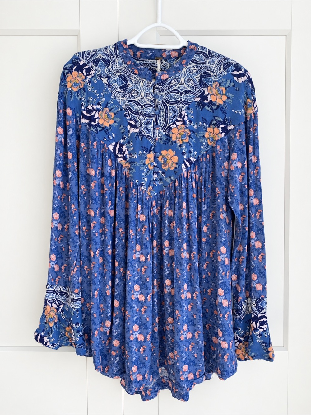 Free People Wildflower Fields Bohemian Blue Floral Long-Sleeve Tunic Size M